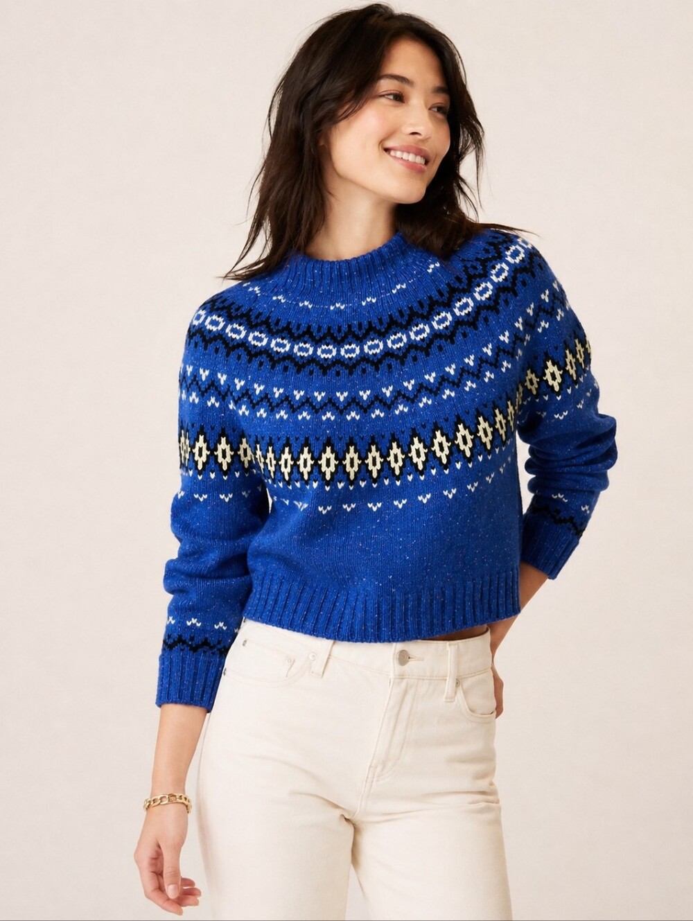 J.Crew Fair Isle Wide Mockneck Sweater Blue Merino Wool Alpaca Size Large